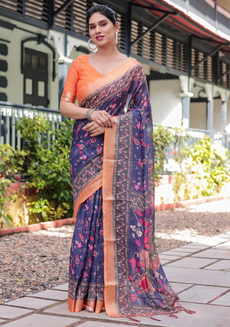 Blue Printed Cotton Linen Saree Set