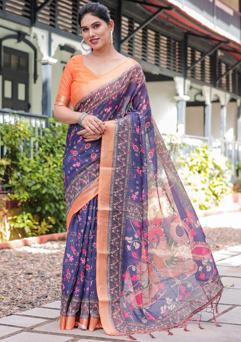 Blue Printed Cotton Linen Saree Set