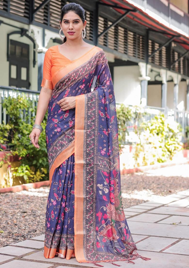 Blue Printed Cotton Linen Saree Set