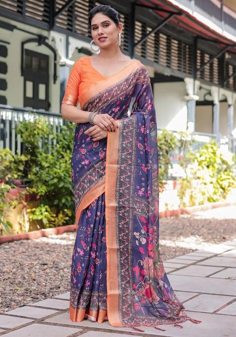 Blue Printed Cotton Linen Saree Set