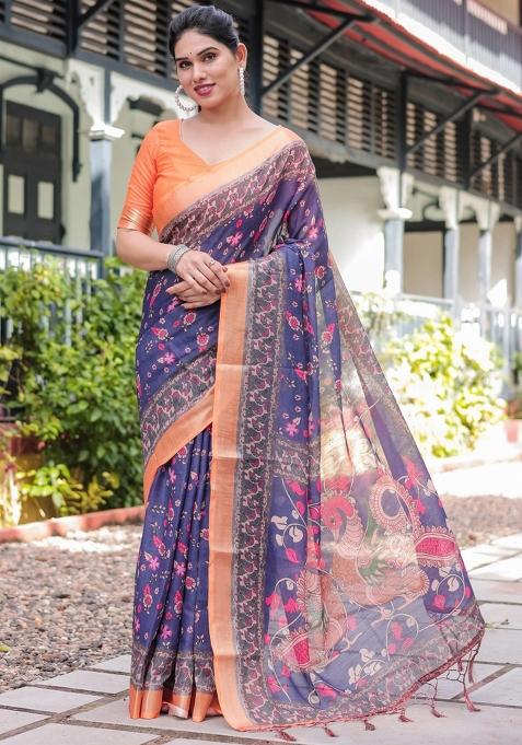 Blue Printed Cotton Linen Saree Set