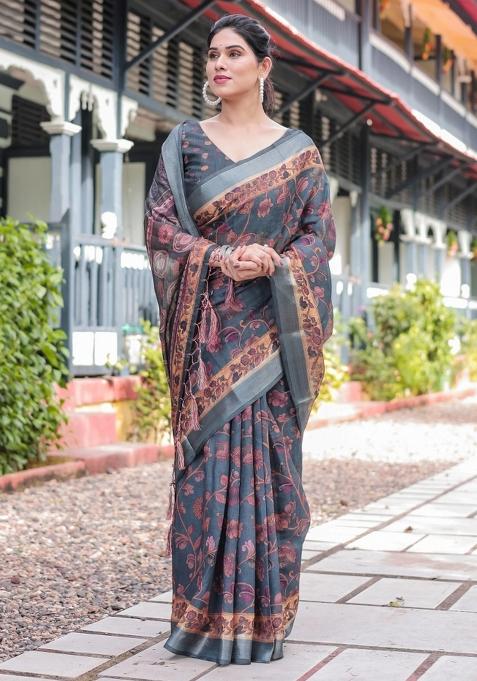Grey Printed Cotton Linen Saree Set