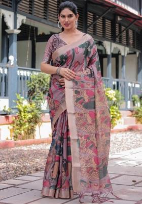 Peach Printed Cotton Linen Saree Set