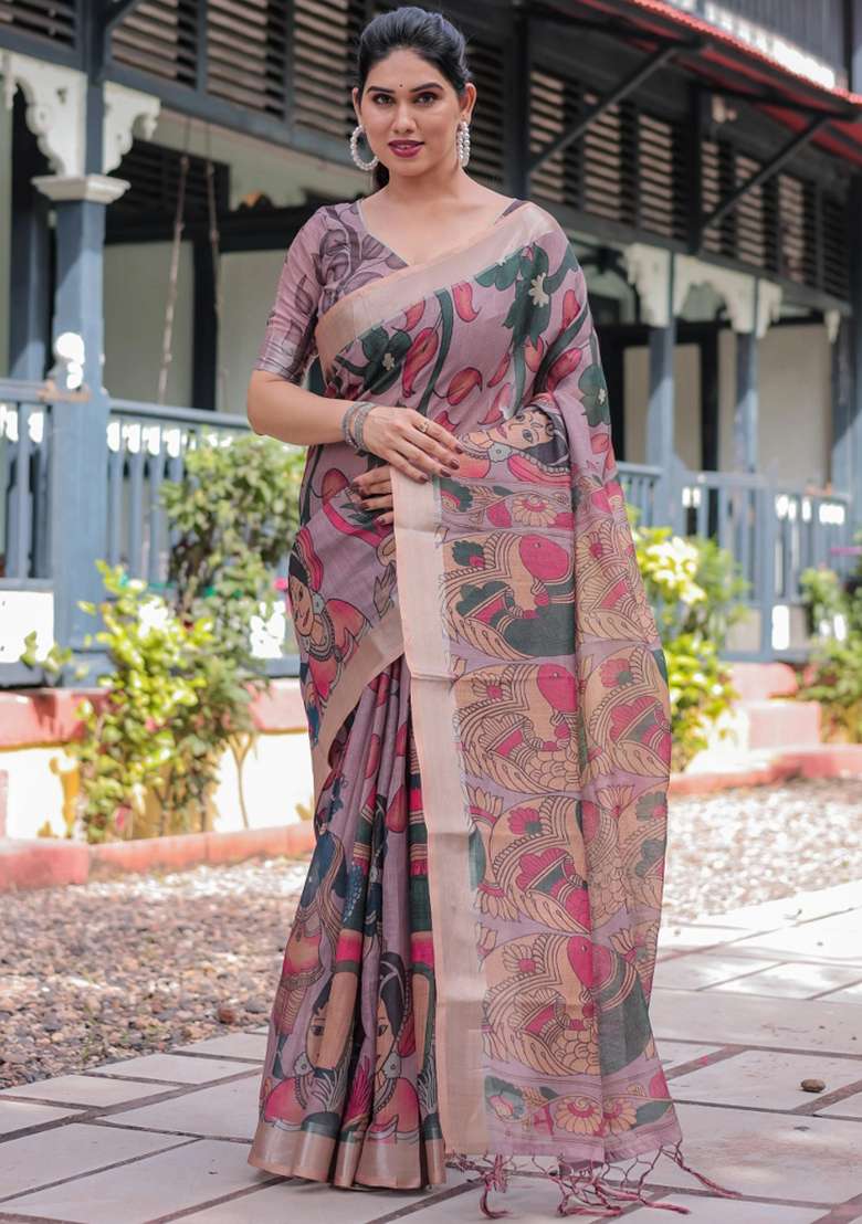 Peach Printed Cotton Linen Saree Set - Indya