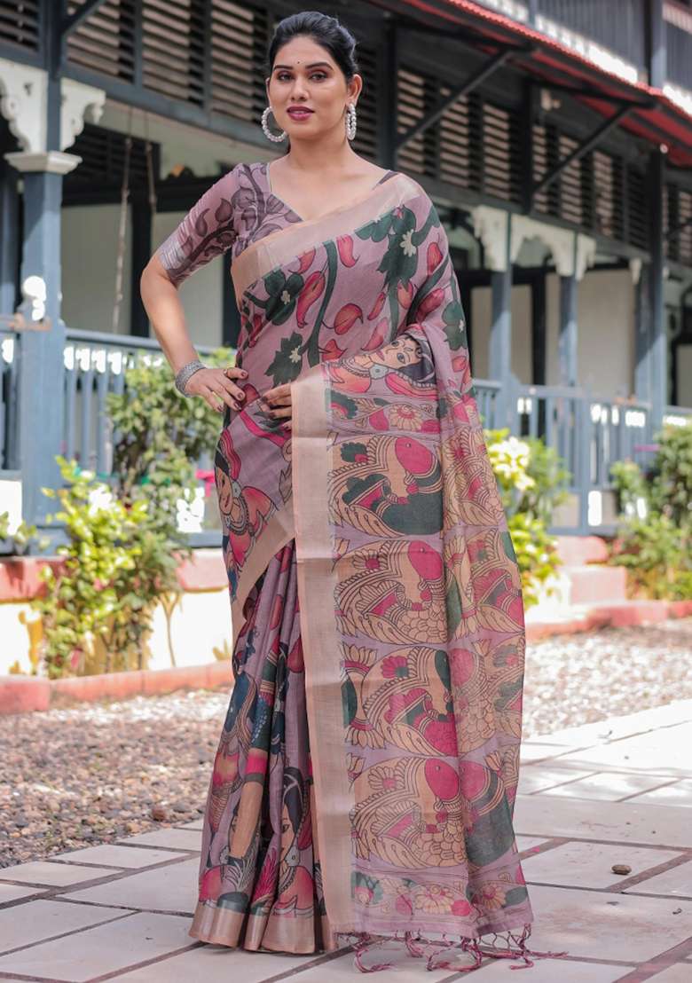 Peach Printed Cotton Linen Saree Set - Indya