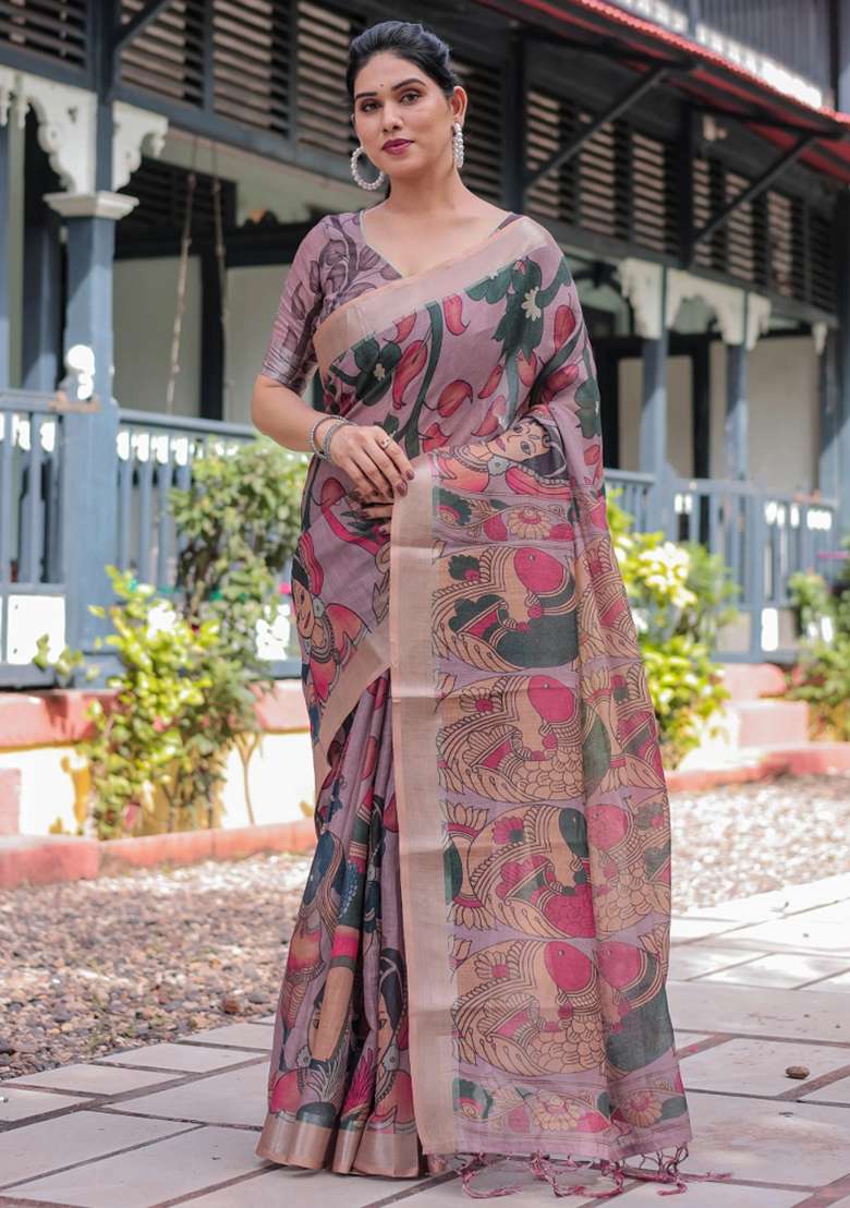 Peach Printed Cotton Linen Saree Set - Indya