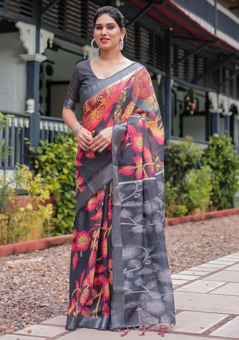 Multicolor Printed Cotton Linen Saree Set