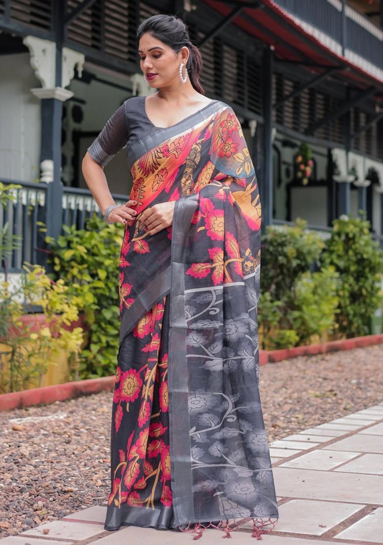 Multicolor Printed Cotton Linen Saree Set