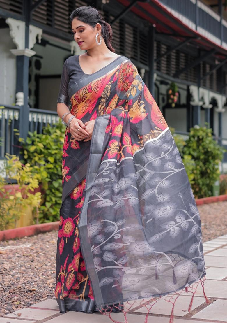 Multicolor Printed Cotton Linen Saree Set