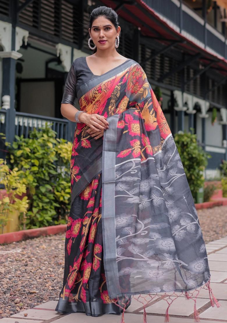 Multicolor Printed Cotton Linen Saree Set