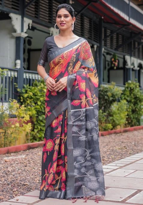 Multicolor Printed Cotton Linen Saree Set