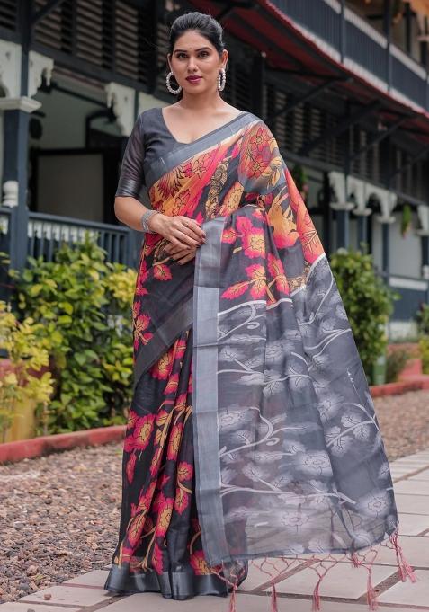 Multicolor Printed Cotton Linen Saree Set