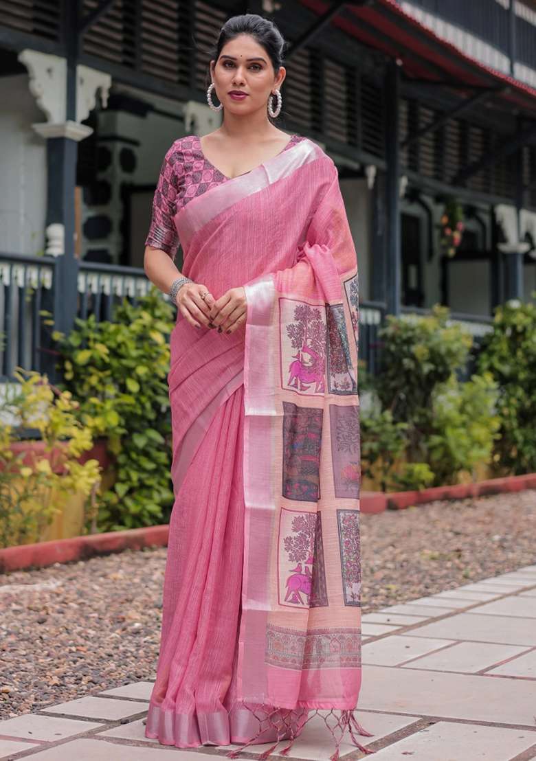 Pink Printed Cotton Linen Saree Set - Indya