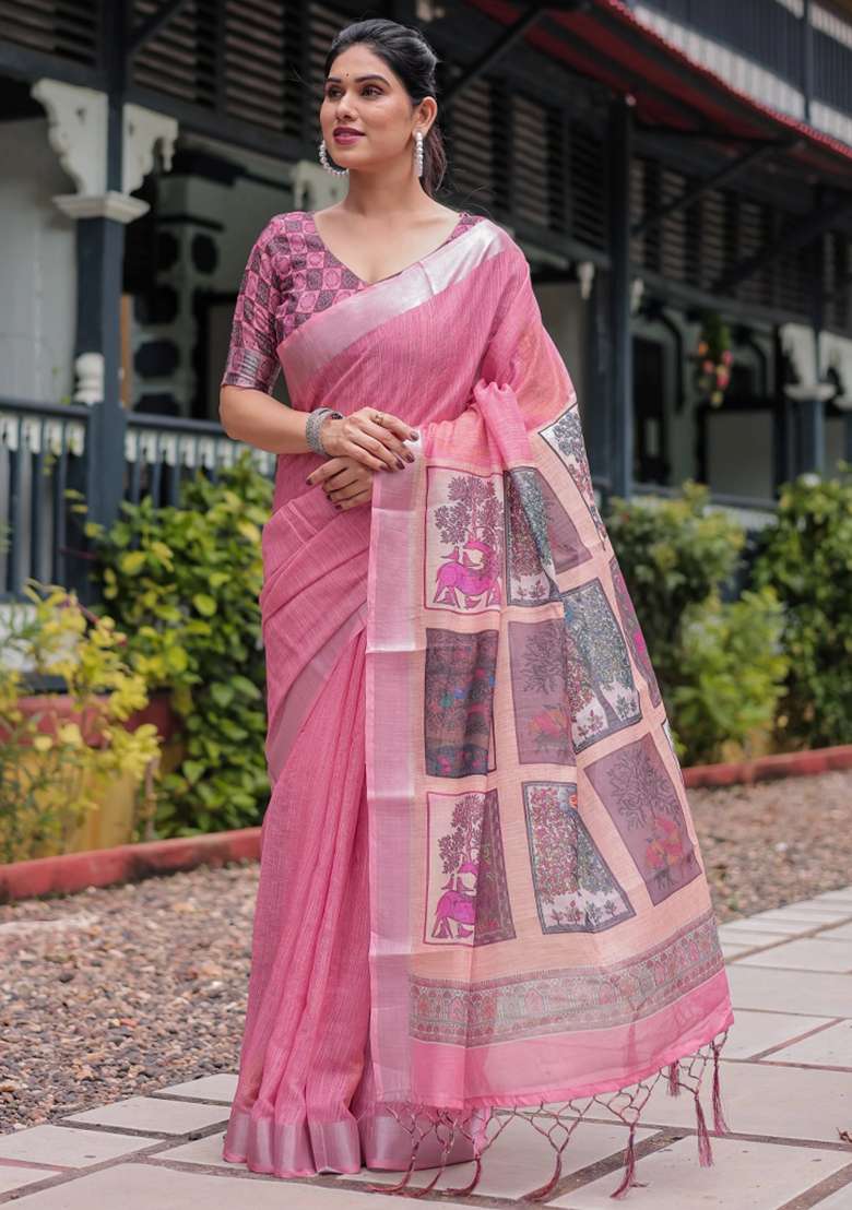 Pink Printed Cotton Linen Saree Set - Indya