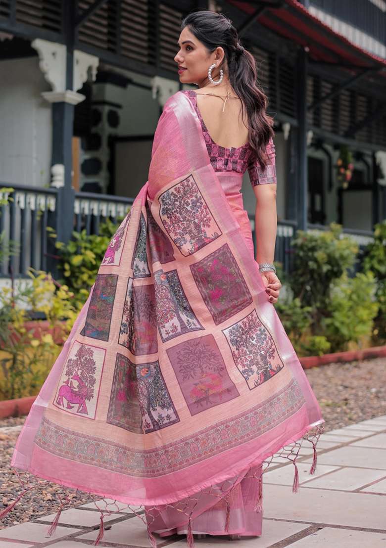Pink Printed Cotton Linen Saree Set - Indya
