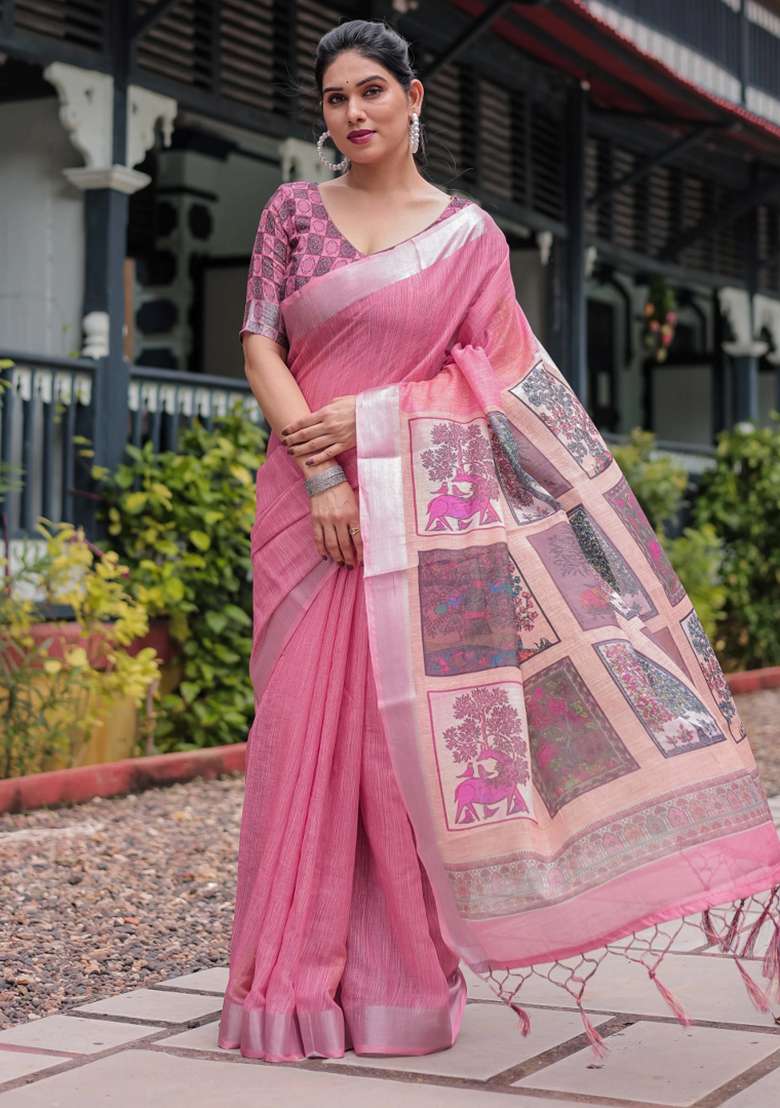 Pink Printed Cotton Linen Saree Set - Indya