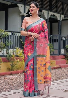 Pink Printed Cotton Linen Saree Set