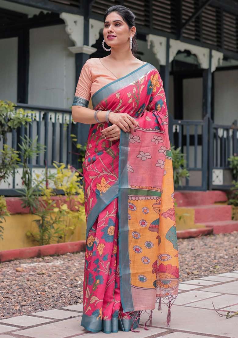 Pink Printed Cotton Linen Saree Set - Indya