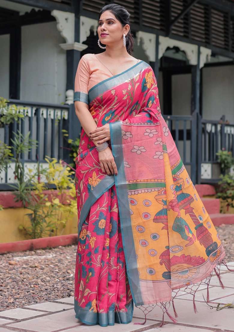 Pink Printed Cotton Linen Saree Set - Indya
