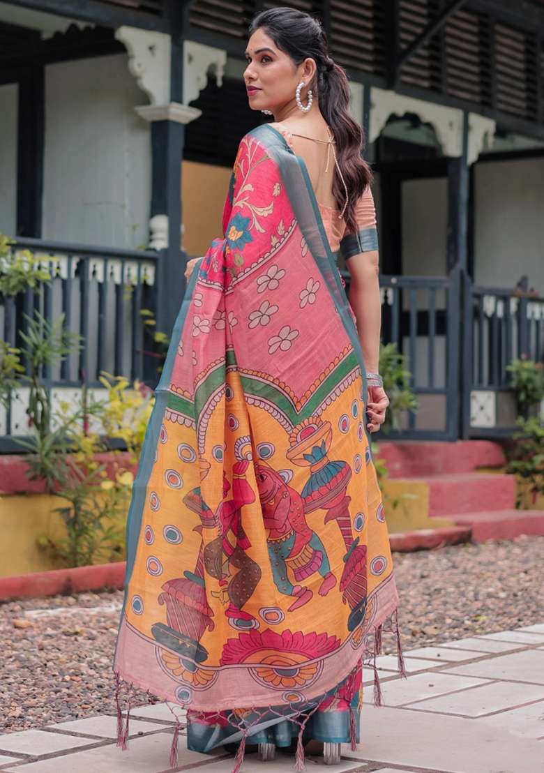 Pink Printed Cotton Linen Saree Set - Indya