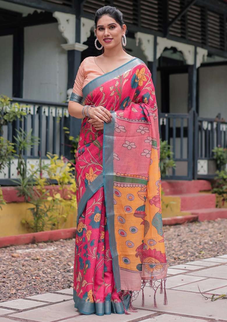Pink Printed Cotton Linen Saree Set - Indya