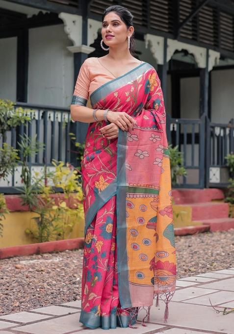Pink Printed Cotton Linen Saree Set