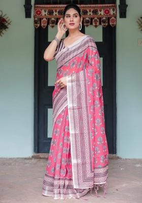 Pink Printed Cotton Linen Saree Set