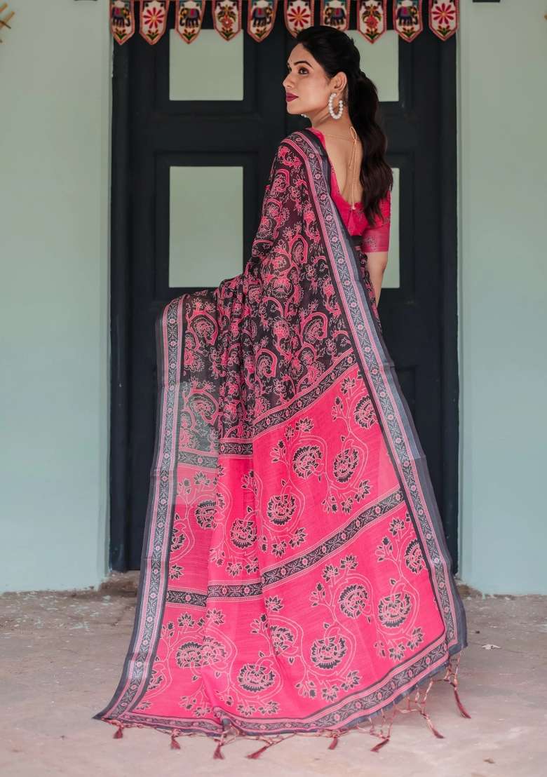 Black Printed Cotton Linen Saree Set - Indya