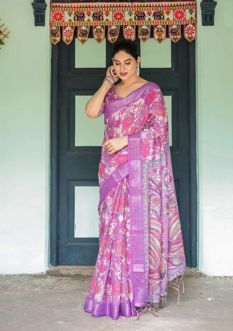 Purple Printed Cotton Linen Saree Set - Indya