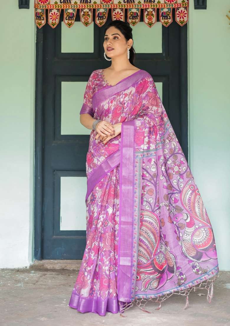 Purple Printed Cotton Linen Saree Set - Indya