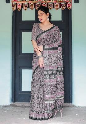 Black Printed Cotton Linen Saree Set