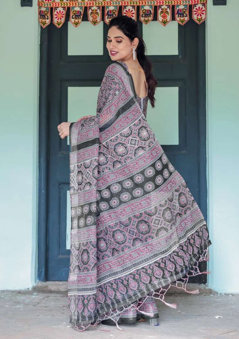 Black Printed Cotton Linen Saree Set - Indya