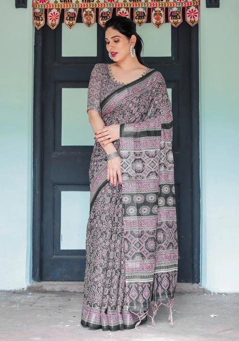 Black Printed Cotton Linen Saree Set