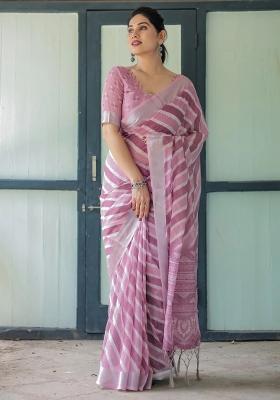 Purple Printed Cotton Linen Saree Set