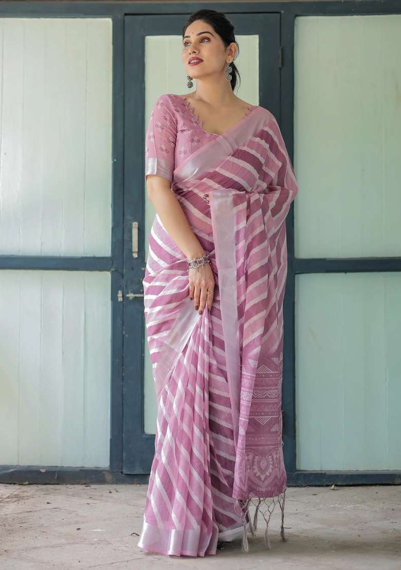 Purple Printed Cotton Linen Saree Set - Indya