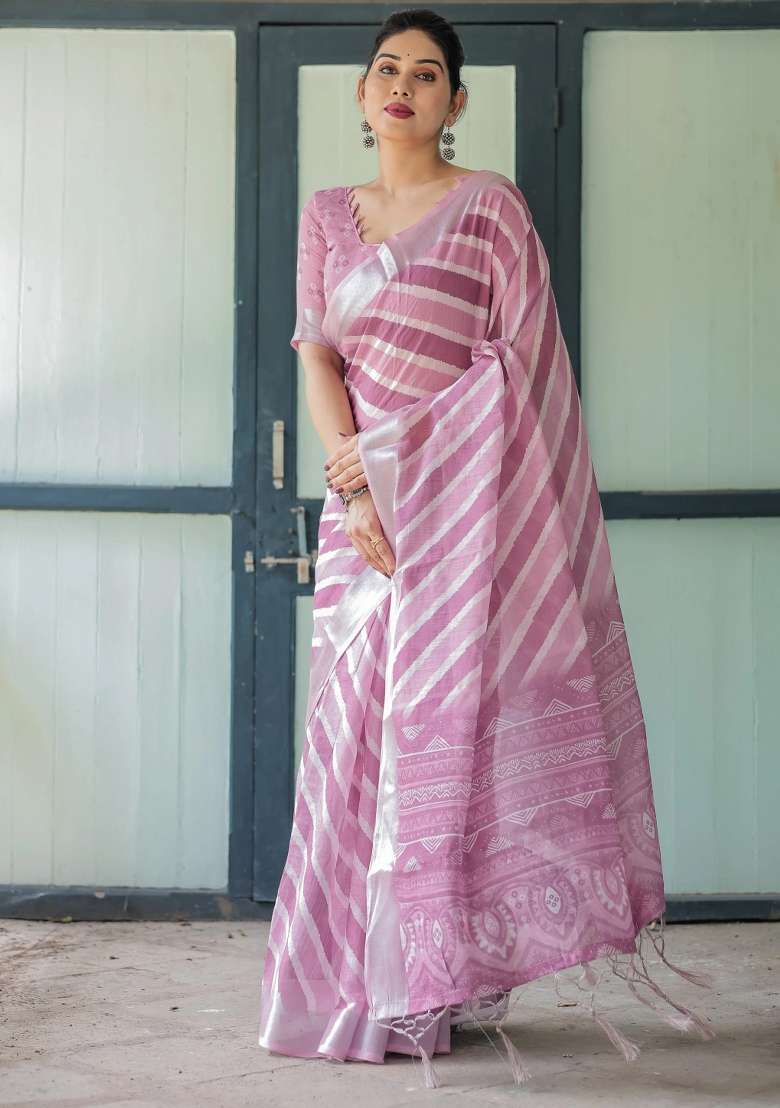 Purple Printed Cotton Linen Saree Set - Indya