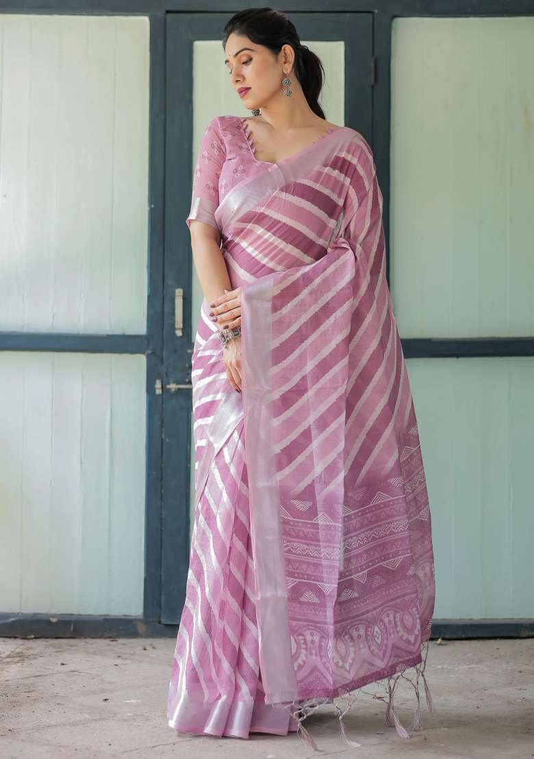 Purple Printed Cotton Linen Saree Set - Indya