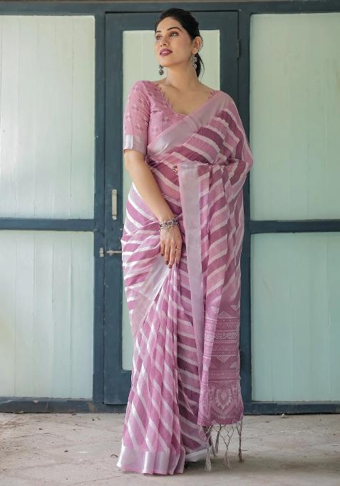 Purple Printed Cotton Linen Saree Set