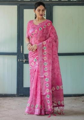 Pink Printed Cotton Linen Saree Set