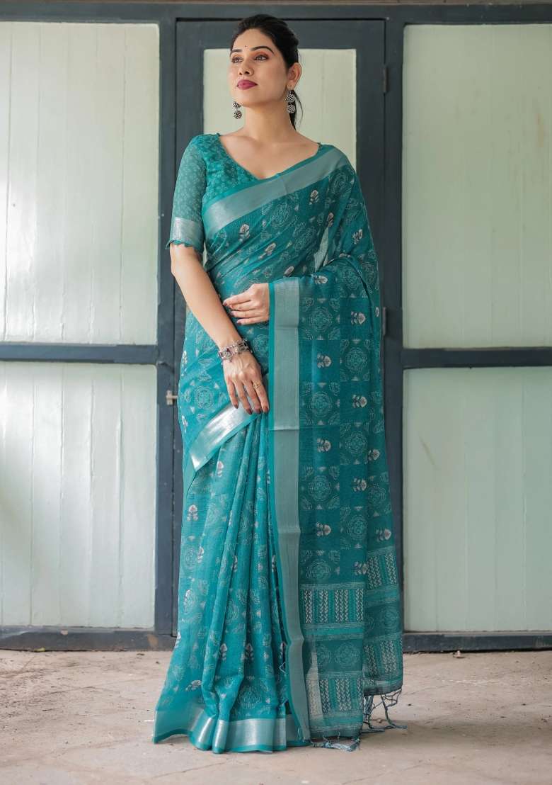 Green Printed Cotton Linen Saree Set - Indya