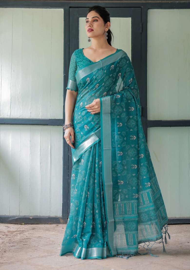 Green Printed Cotton Linen Saree Set - Indya