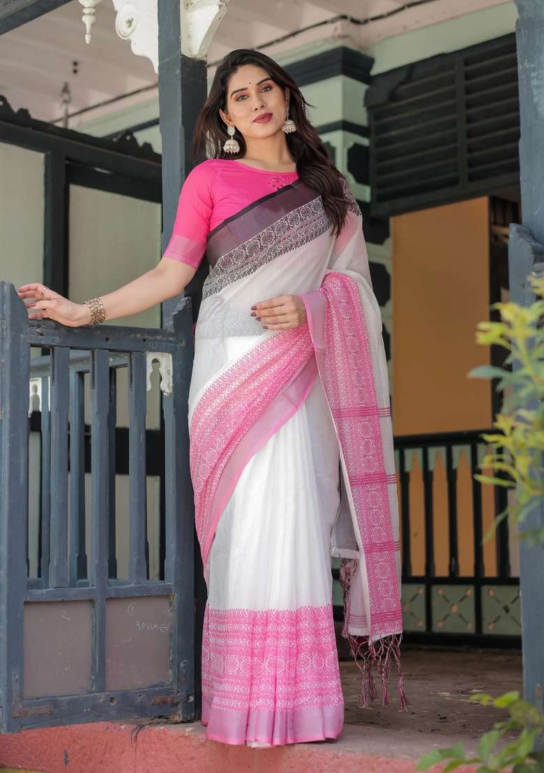 White Printed Cotton Linen Saree Set - Indya