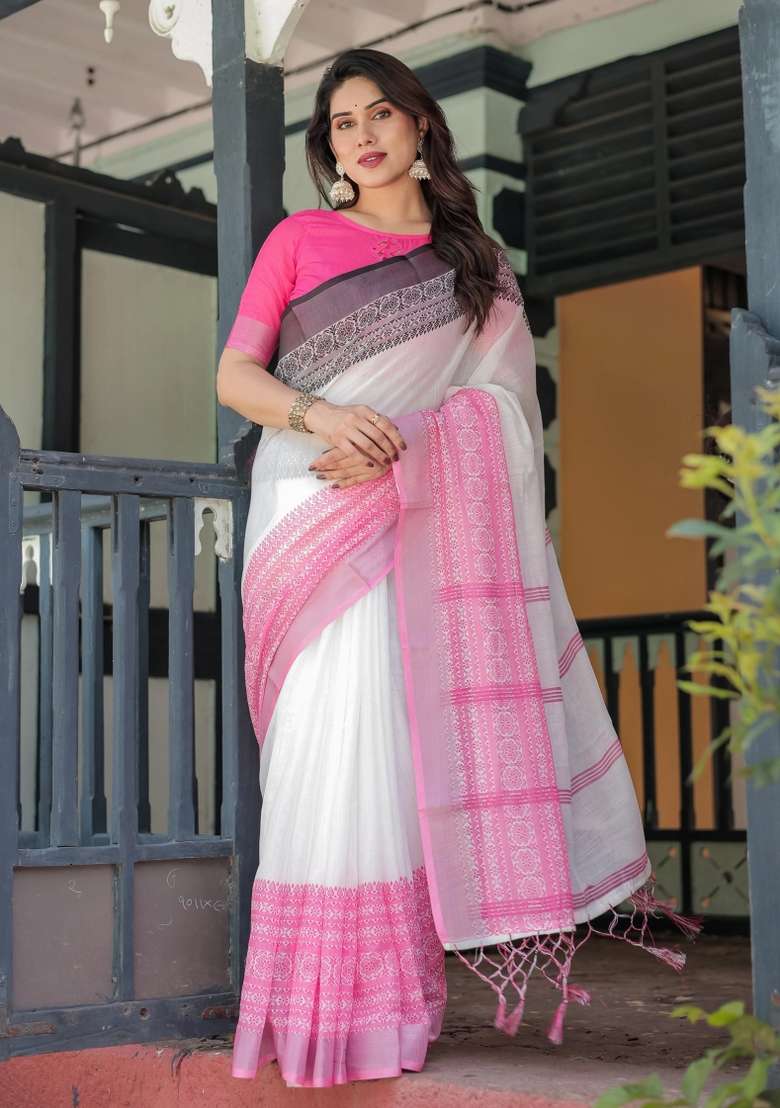 White Printed Cotton Linen Saree Set - Indya