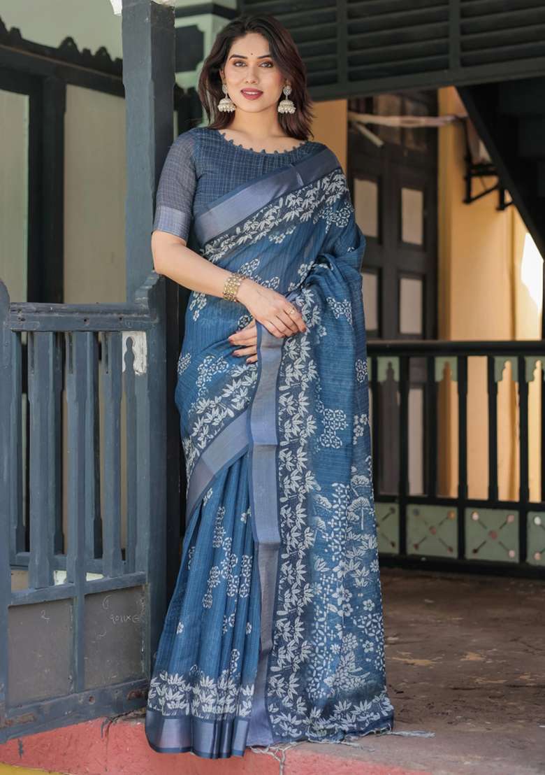 Blue Printed Cotton Linen Saree Set - Indya