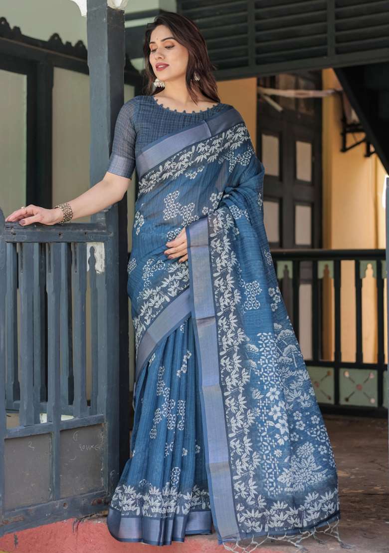 Blue Printed Cotton Linen Saree Set - Indya