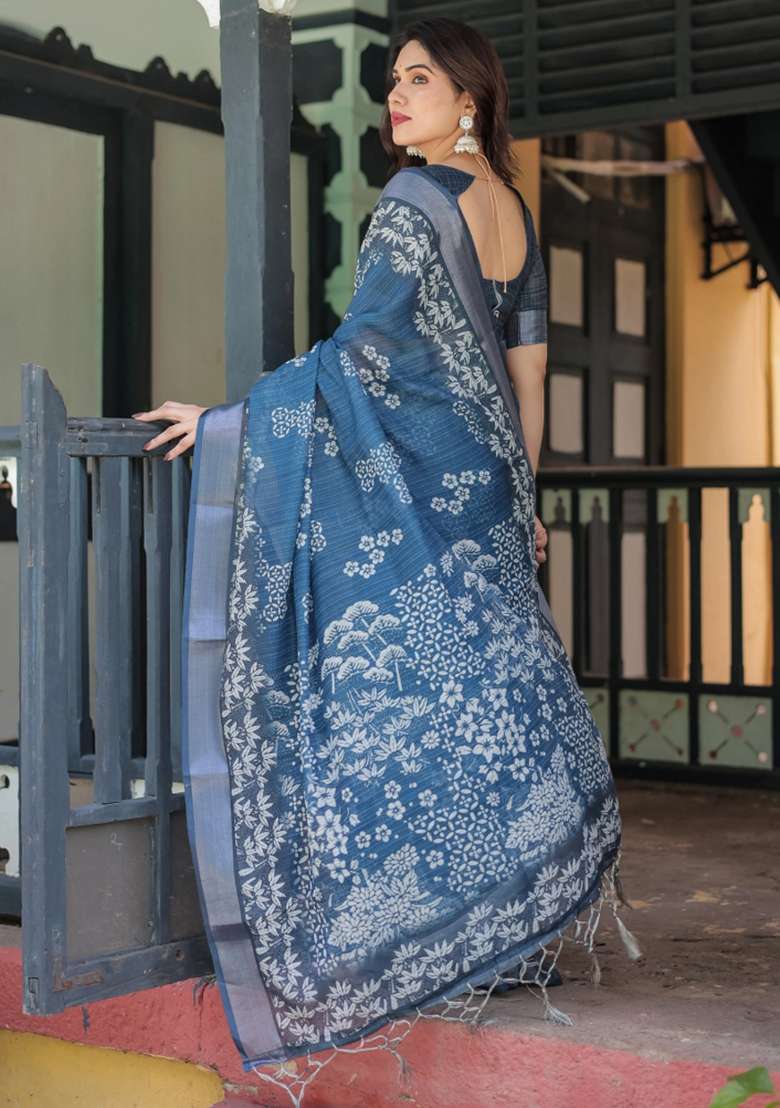 Blue Printed Cotton Linen Saree Set - Indya