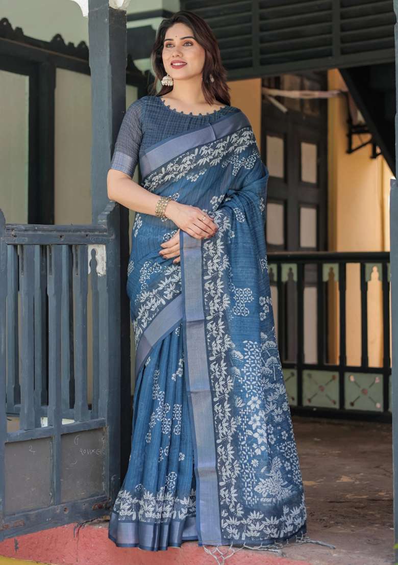 Blue Printed Cotton Linen Saree Set - Indya