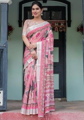 Pink Printed Cotton Linen Saree Set
