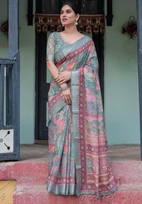 Pink Printed Cotton Linen Saree Set