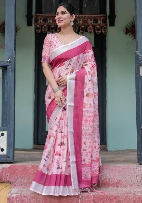 Pink Printed Cotton Linen Saree Set